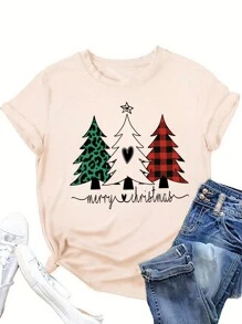 SHEIN EZwear 女性聖誕圖案T恤