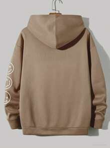 男士字母和卡通圖案落肩袖連帽衫 - 卡其色 - 查看 2