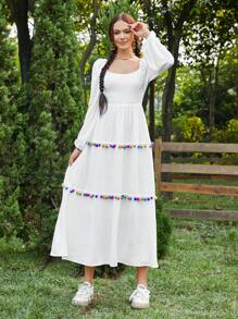 SHEIN WYWH 女式方領燈籠袖裹身連身裙 - 白色 - 查看 3