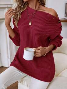 EMERY ROSE Chi tiết Nút Thả vai Áo len - Màu Đỏ Sâu - Xem 4