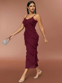 D&M 性感露肩荷葉邊camisole無背派對晚禮服 - 酒紅色 - 查看 3