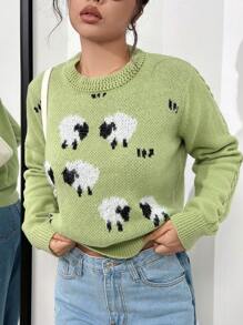SHEIN Qutie Jersey oveja patrón tejido de cable - Verde - Ver 1