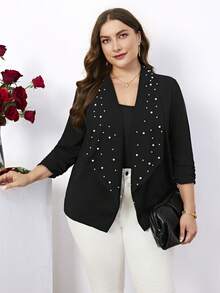 SHEIN Clasi 大尺碼珍珠裝飾瀑布領西裝外套 - 黑色 - 查看 5