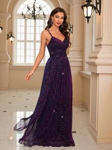 UNITHORSE Lace-Up Backless Sequin Cami Formal Dress Elegant Prom Evening Wedding Guest Gown, For Graduation, Dinner - Purple - View 6