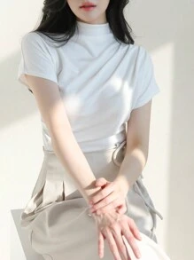 DAZY 褶饰针织高领上衣，商务休闲女式高领衫