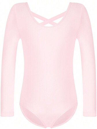 女童芭蕾舞紧身衣，后背交叉设计，长袖，前部全衬里，适合小女孩舞蹈练习