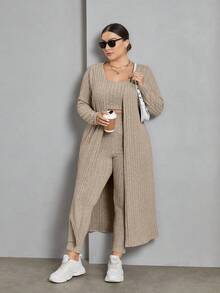 SHEIN Essnce 大碼開門襟外套&背心上衣&緊身打底褲 - 杏色 - 查看 3