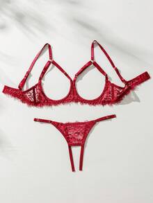 SHEIN Goth Floral Lace Harness Lingerie Set - Burgundy - View 3