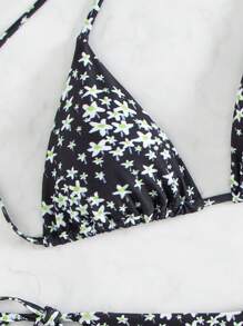 SHEIN Swim Bộ bikini thắt nút in hình ngôi sao ngẫu nhiên có dây buộc hai bên, cho kỳ nghỉ hè ở bãi biển - Nhiều màu - Xem 4