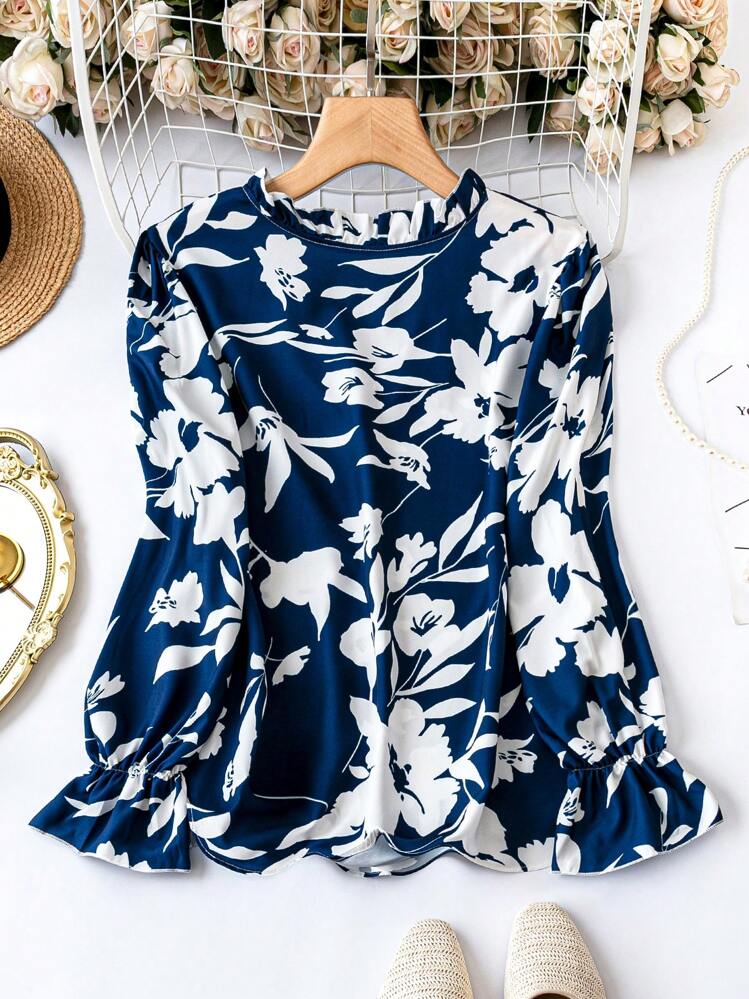 SHEIN LUNE Camisa Con Cordones Y Cuello Con Estampado Floral De Talla Grande - Azul - Ver 2