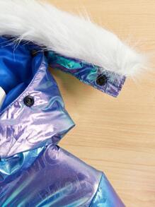 Young Boy Holographic Fuzzy Trim Hooded Padded Coat Without Sweater