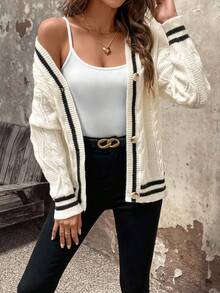 SHEIN Frenchy 女性開襟條紋拼接針織開衫 - 黑與白 - 查看 3