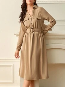 SHEIN Frenchy Flap Detail Belted Shirt Dress - Khaki - View 1