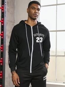 Manfinity Sport Corelite Men Letter Graphic Zip Up Drawstring Hooded Sports Jacket Workout Tops Sports Jacket - Black - View 6