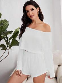 Miss Vinta Bộ trang phục thoải mái thường ngày trễ vai màu trơn màu trắng, quần áo mùa thu đông - trắng - Xem 3