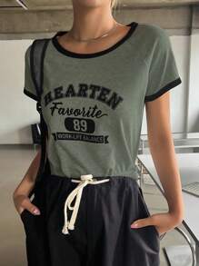 DAZY Letter Graphic Contrast Binding Raglan Sleeve Tee - Multicolor - View 3