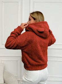 EURMUSE Drop Shoulder 3D Ear Design Hooded Fuzzy Sweatshirt - Brown - View 2