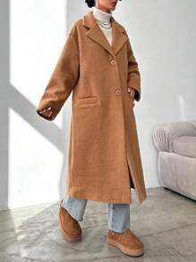 EURMUSE Lapel Neck Dual Pocket Drop Shoulder Overcoat - Camel - View 3