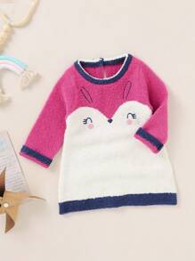 Baby Girl Cartoon Pattern Keyhole Back Sweater Dress - Hot Pink - View 1