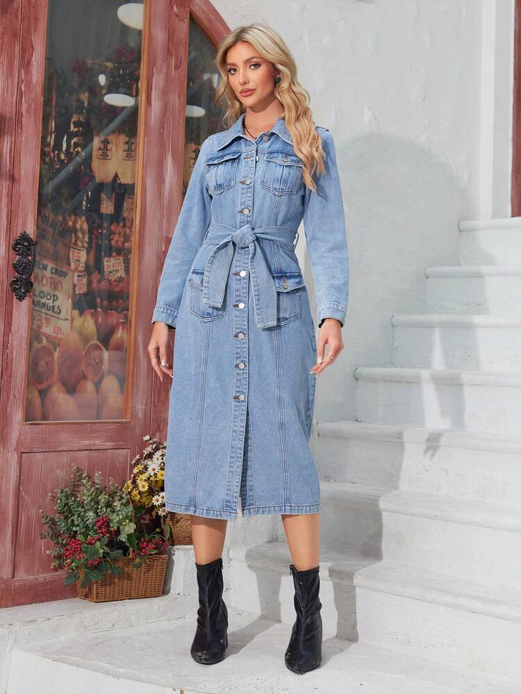 Collared Denim Dress With Single Breasted Front And Belt Decoration