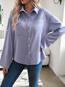 SHEIN LUNE 捲邊袖口袋貼布襯衫 - 灰色 - 查看 6