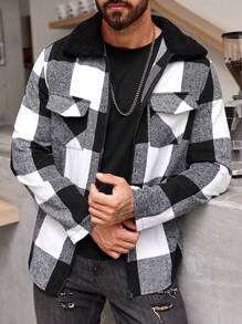 Manfinity Homme 1 Miếng Nam Lỏng lẻo phù hợp In kẻ sọc Buffalo Áo khoác kiểu sơ mi Với Flap túi Và Zip Khép kín - Đen và trắng - Xem 3