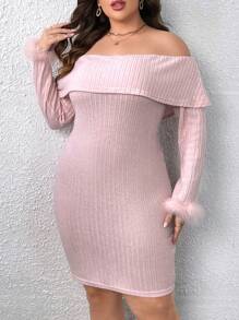 Celure Plus Foldover Off Shoulder Fuzzy Cuff Bodycon Dress