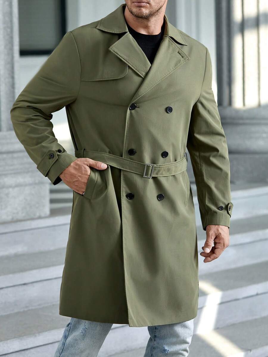 Manfinity VCAY Men Plus Double Breasted Belted Trench Coat - Army Green - View 1