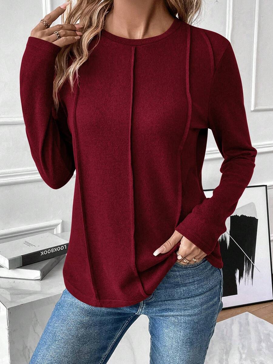 SHEIN Essnce 素色接縫細節T恤 - 酒紅色 - 查看 1