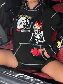 SHEIN EZwear Hình ảnh Skull & chữ cái Thả vai Dây rút Hoodie - màu đen - Xem 6