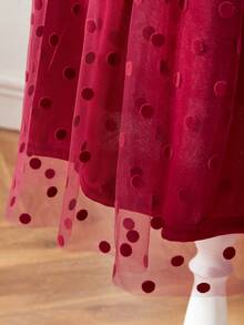 十幾歲女孩短款綢緞天鵝絨圓領網紗裙,純色款式 - 酒紅色 - 查看 4