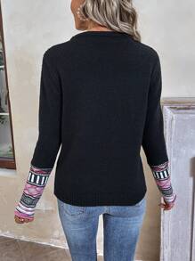 SHEIN LUNE 幾何圖案補丁貼口袋套頭毛衣 - 黑色 - 查看 2