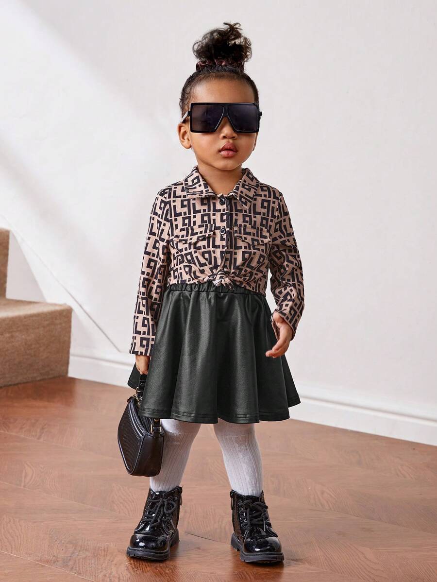 SHEIN Baby Girl Graphic Print Shirt & PU Leather Skirt