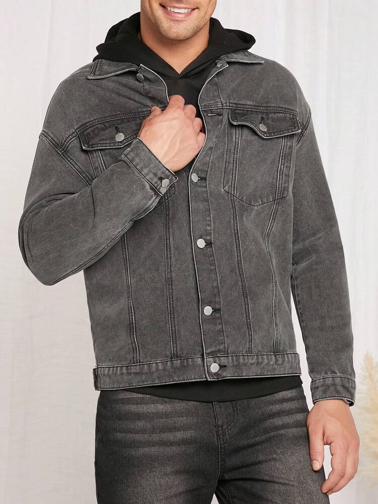 Loose Fit Men's Flap Pocket Drop Shoulder Denim Jacket