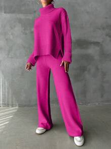 EURMUSE Damski Jednolity kolor Zabudowany pod szyją Długi Rękaw Swetry I Trykotowy Spodnie z szerokimi nogawkami Stroje dwuczęściowe Komplety Biżuterii