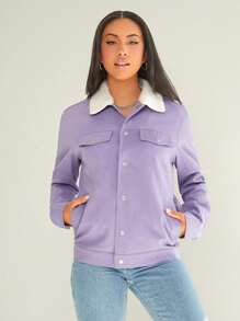 SWAVVY 1件男士borg領口帶蓋細節夾克 - 紫色 - 查看 4