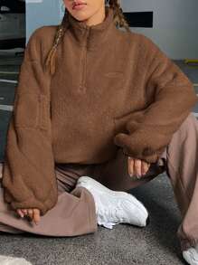 SHEIN EZwear Half Zip Drop Shoulder Teddy Sweatshirt - Brown - View 1