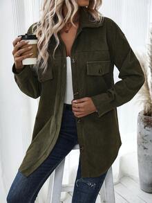 EMERY ROSE Flap Pocket Drop Shoulder Corduroy Coat - Army Green - View 5
