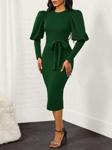 SHEIN Lady Gigot Sleeve Belted Bodycon Dress - Dark Green - View 4