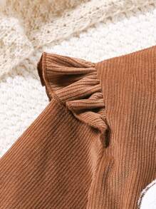 SHEIN Váy vải thêu họa tiết gấu bông thời trang thu đông cho bé gái tuổi mới lớn có tay áo trễ - Màu Khaki - Xem 6