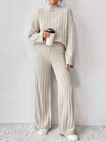 SHEIN Essnce Cổ giả Thả vai Áo len & Quần dệt kim - Màu be - Xem 4