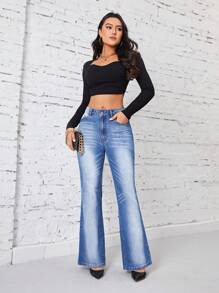 SHEIN Privé Washed Bootcut Denim Trousers - Blue - View 3