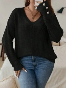 SHEIN Clasi Áo len Plus Size Xù nhỏ Gân đan màu trơn Giải trí - màu đen - Xem 1