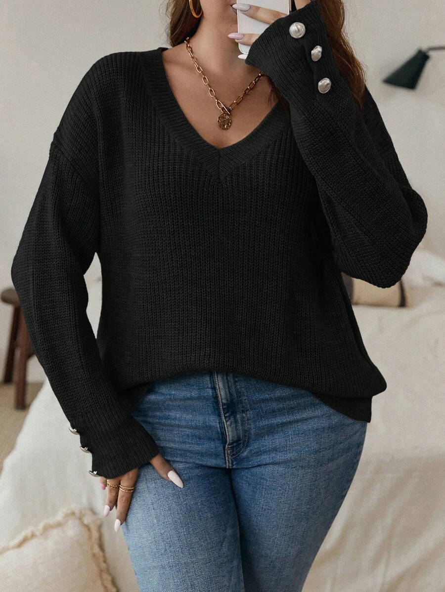 SHEIN Clasi Áo len Plus Size Xù nhỏ Gân đan màu trơn Giải trí - màu đen - Xem 1