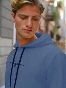 RueChic Men Letter Embroidery Drawstring Hoodie - Baby Blue - View 8