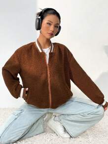 SHEIN Unity Striped Trim Drop Shoulder Zipper Teddy Bomber Jacket - Chocolate Brown - View 5