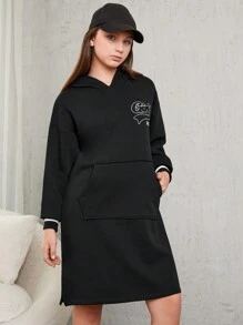 RueChic Teen Girl Letter Pattern Kangaroo Pocket Drop Shoulder Split Hem Hoodie Dress - Black - View 5