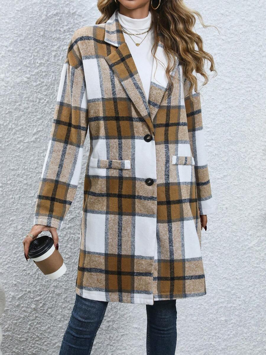 Chiquease Plaid Print Lapel Neck Overcoat Fall Cloth For Women - Yellow - View 1