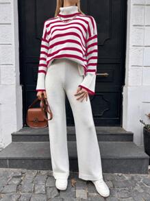 RueChic Striped Pattern Drop Shoulder Sweater & Knit Pants - Multicolor - View 4