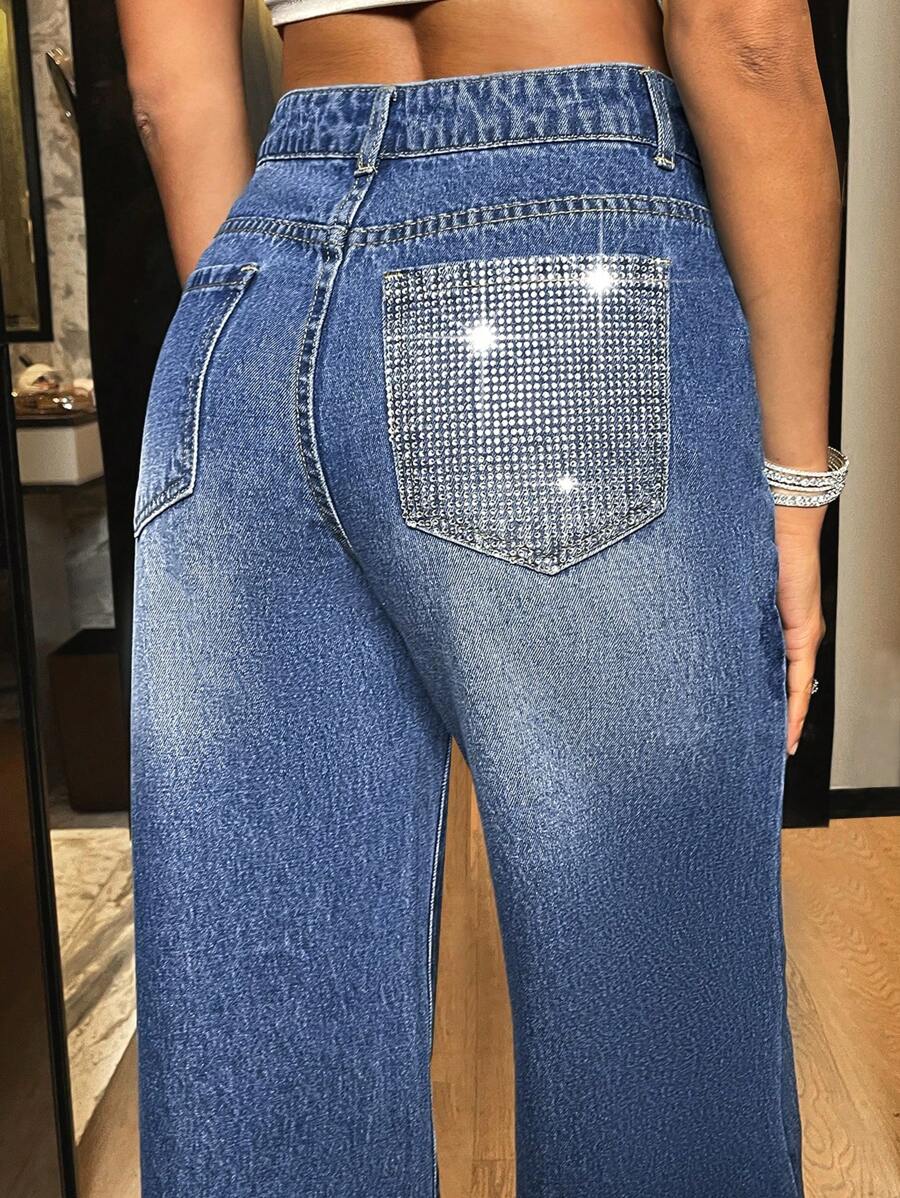 SHEIN BAE Rhinestone Detail Wide Leg Jeans - Blue - View 1